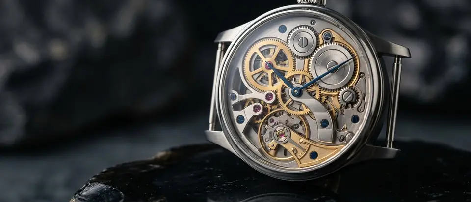 A wristwatch with an open worked movement showing its gears, jewels and blued hands, on dark stone